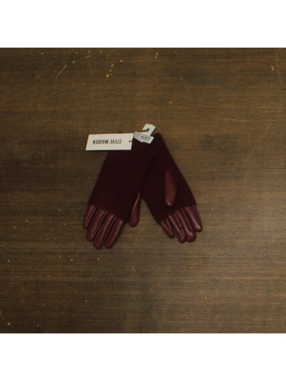NWT Steve Madden Soft Faux Leather Gloves with Ribbed Knit Cuff Burgundy Red
